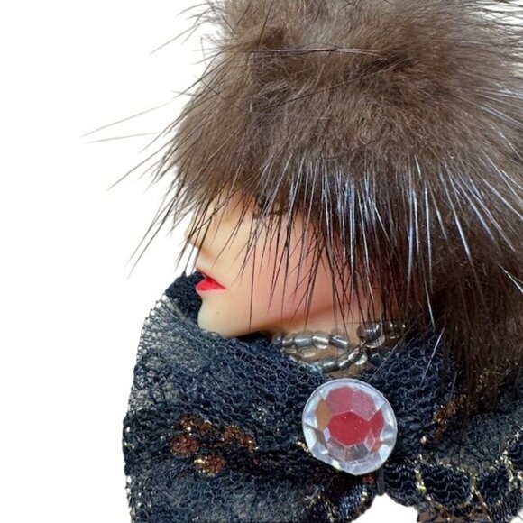 Vintage Faux Fur & Lace Face Brooch With Rhinestone Accent Pin - Picture 2 of 7